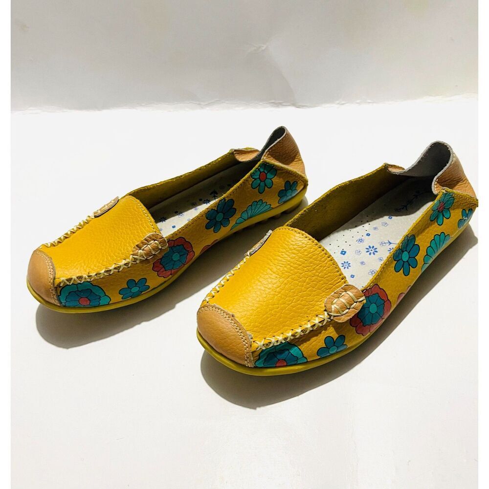 Ablanczoom loafers leather floral yellow moccasin comfy women's 7 - Picture 2 of 8